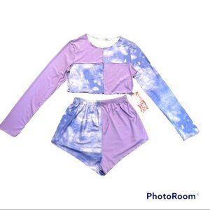 ROMWE Lavender Tie Dye Pajama Short & Longsleeve Crop Top Size Small & Cotton